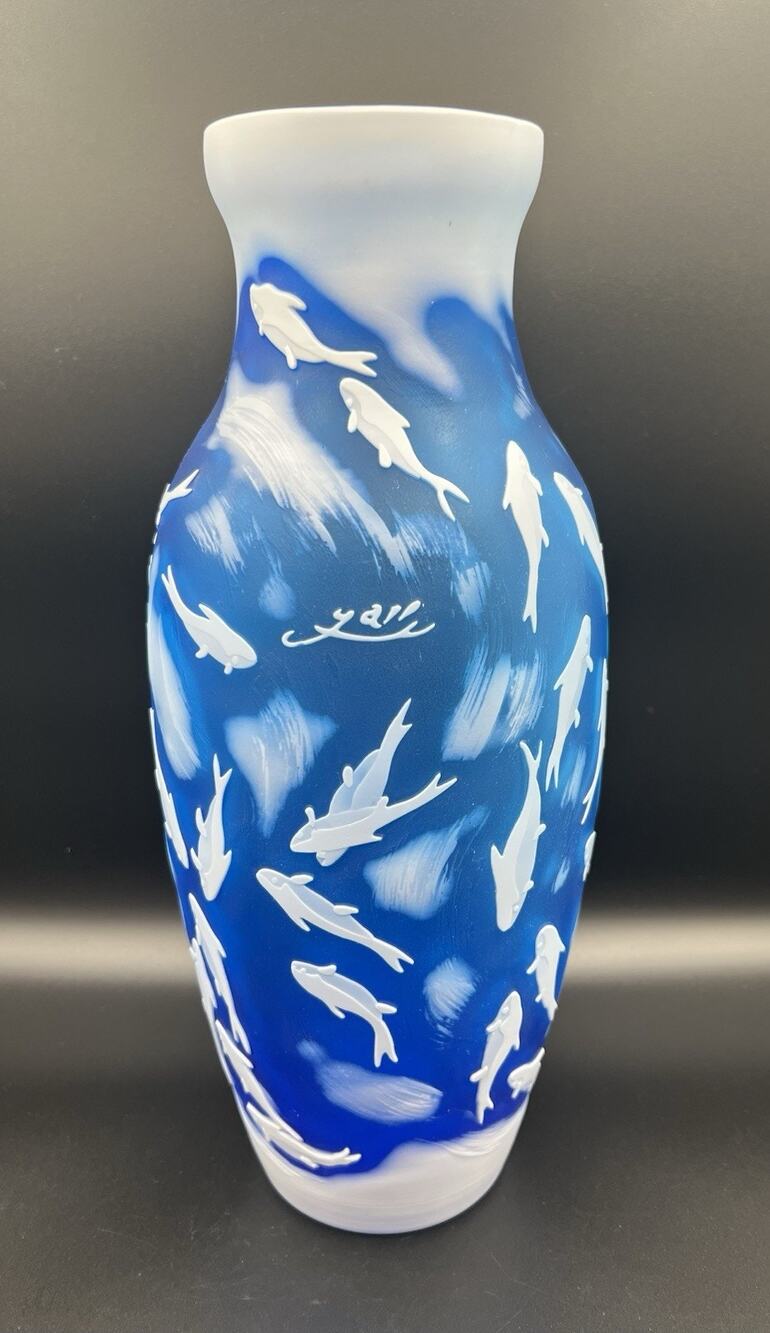 Emile Galle Reproduction Blue Cameo Glass Vase with White Fish 14” Coastal Decor